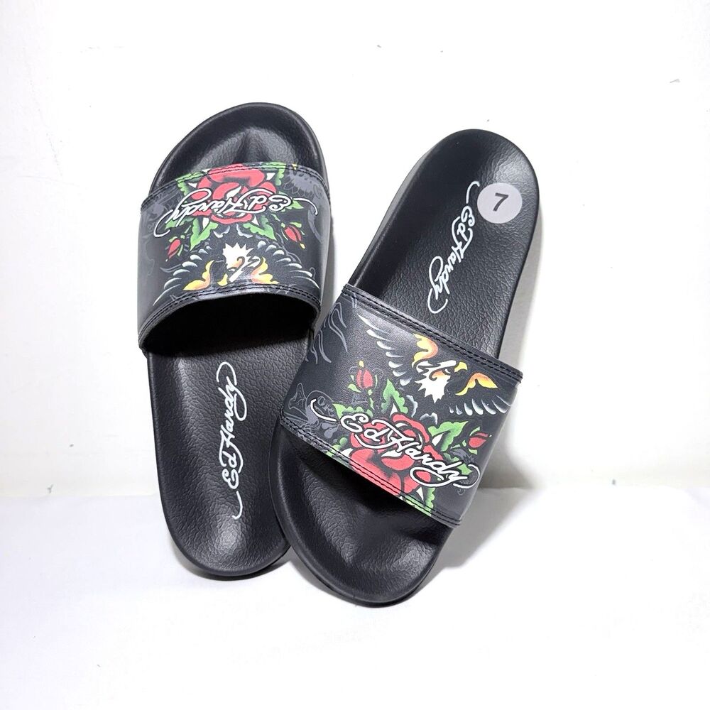 Ed Hardy Eagle-Roses-Tattoo Black Slides/Flip-Flops Size 7 NWT